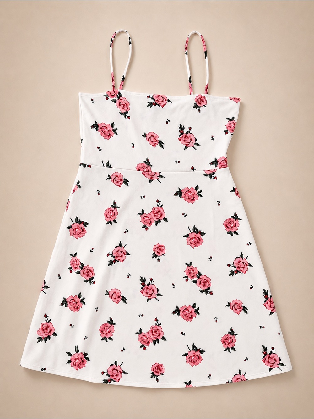 H&M / Divided White Spaghetti-Strap Dress with Rose Print / Floral Dress Size 12